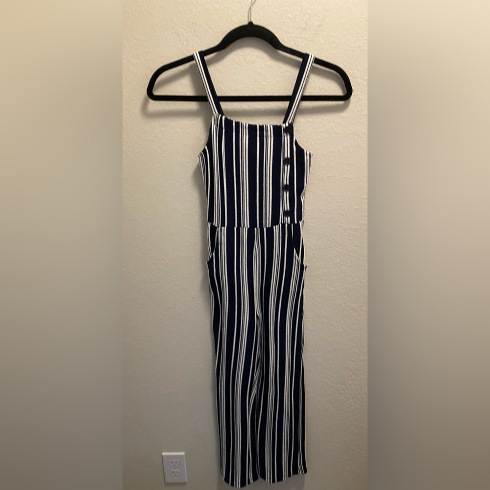 Eyeshadow Girls Blue and White Striped Jumpsuit.